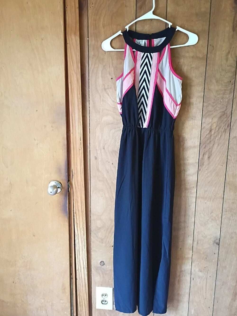 Studio Y Women's XS Black Geometric Sleeveless Maxi Dress Elastic Waist slits
